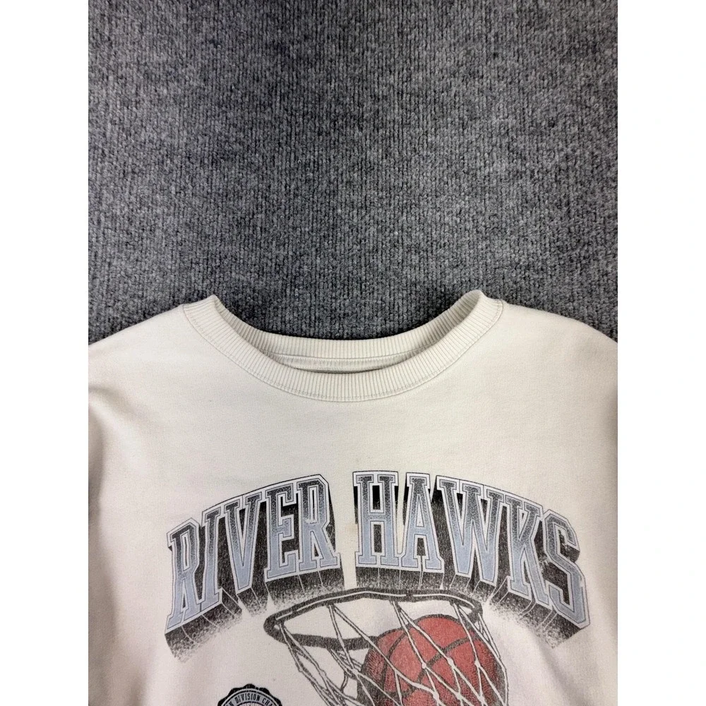 Y2K Hollister Sweatshirt Mens Large White‎ River Hawks Basketball Fleece Graphic